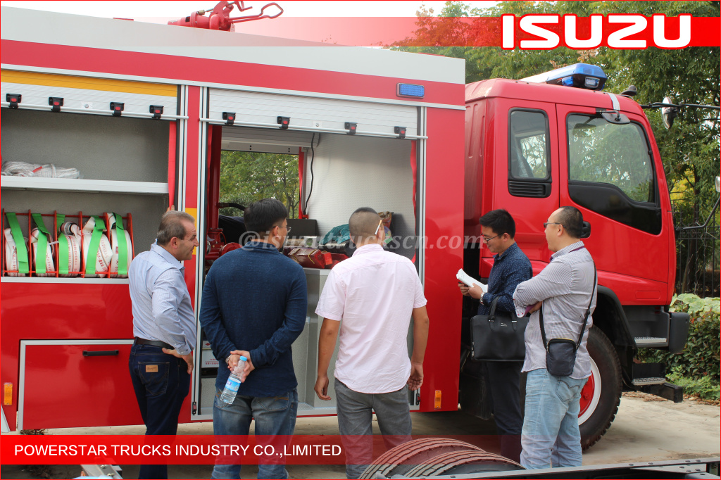 Inspeção de clientes russos Isuzu FVR caminhão de bombeiros de espuma caminhão de bombeiros