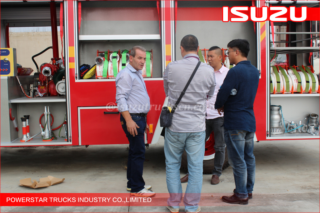 Inspeção de clientes russos Isuzu FVR caminhão de bombeiros de espuma caminhão de bombeiros