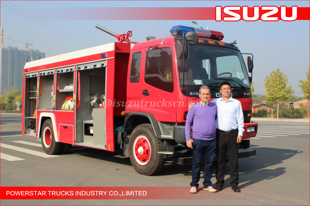 Inspeção de clientes russos Isuzu FVR caminhão de bombeiros de espuma caminhão de bombeiros