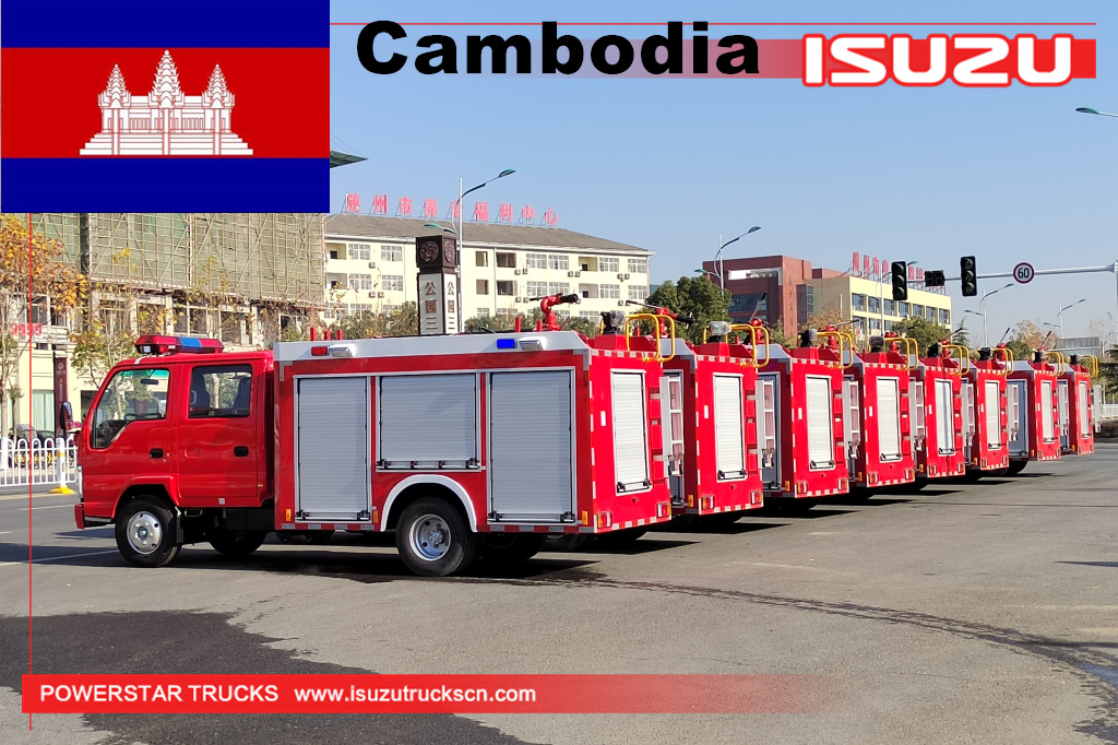 Camboja ISUZU ELF 100P Caminhão bombeador de água de resgate de emergência contra incêndio, pequeno veículo com motor de incêndio