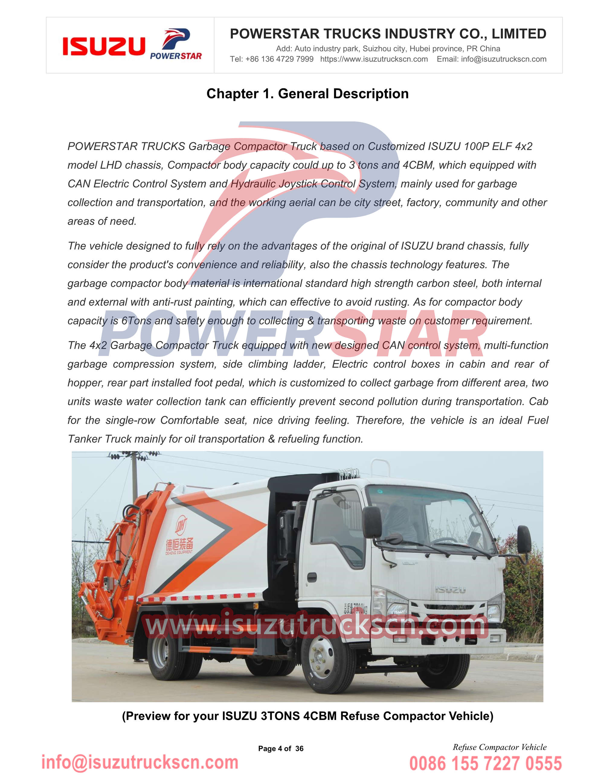 Manual do veículo compactador de resíduos POWERSTAR Isuzu 4cbm exportação África Gâmbia